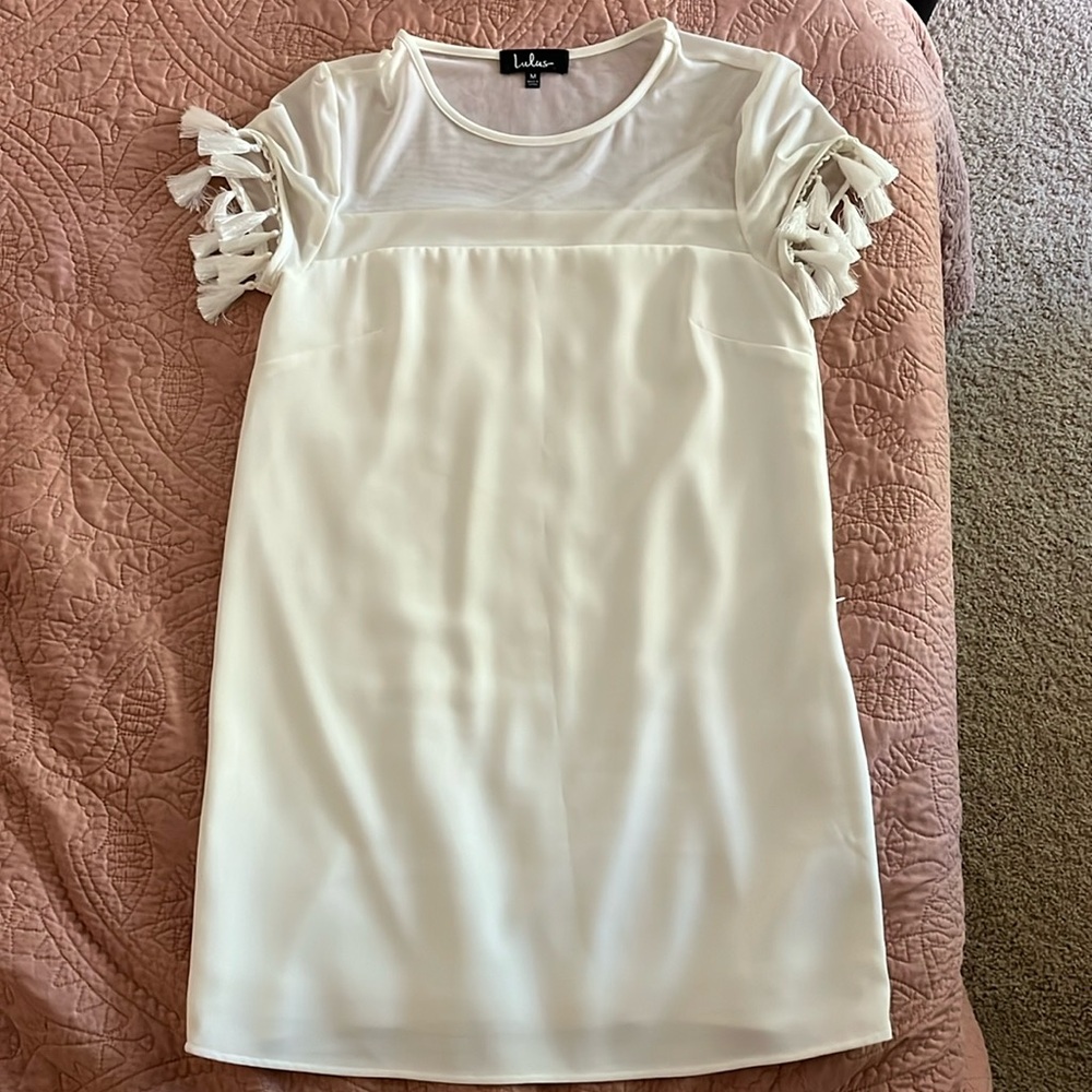 Lulu’s White Dress with Tassel Sleeves